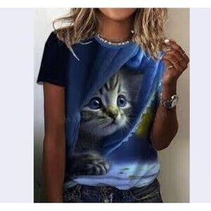 Shein Women's size L All Over Print Blue Eyed Kitten Print T-Shirt Short Sleeve